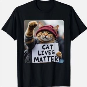 Source Unknown Black Tee with Cat Lives Matter Graphic and Red Beanie
